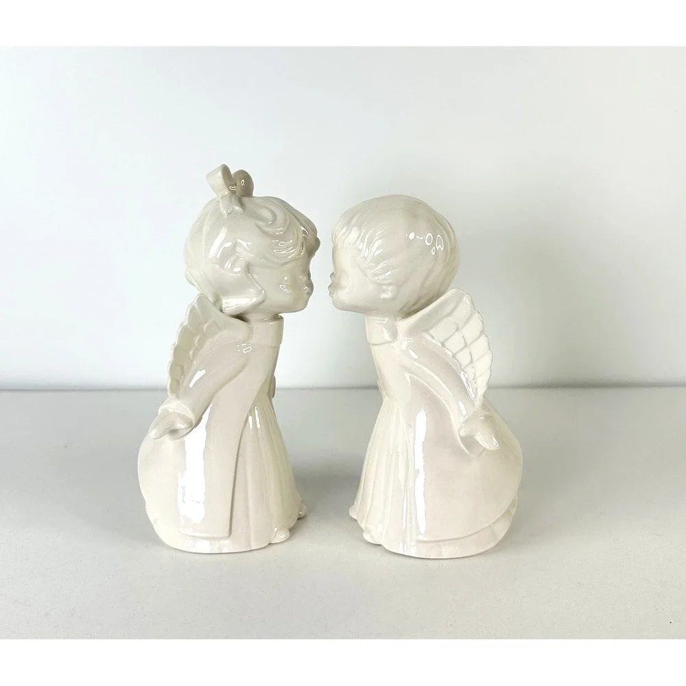 Vintage Kissing Angels Girl &‎ Boy White Ceramic Decor Christmas 7 Inches Tall